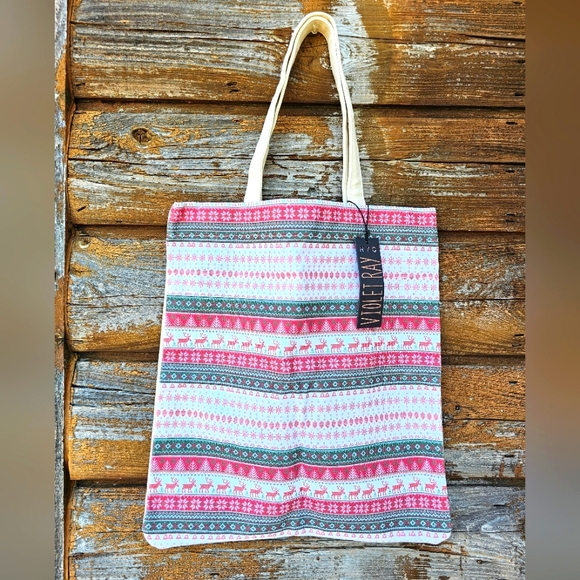 Violet Ray NYC Canvas Tote Christmas Bag w/ Festive Snowflake & Reindeer Details - Picture 6 of 11